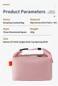Detailed view of the pink thermal lunch bag showing its dimensions and Oxford material.
