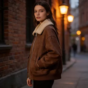 Veste Aviateur en Fausse Peau de Mouton pour Femme Revers Daim Fermeture Éclair Bomber Manteau Chaud Streetwear Manches Longues