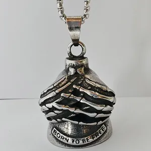 Detailed view of stainless steel motorcycle guardian bell with skeleton hand design