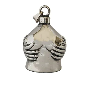 Antique silver motorcycle guardian bell with a female torso and hands design keychain
