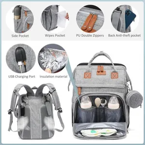 Gray heathered diaper bag backpack with USB charging port and insulated baby bottle pockets