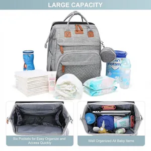 Large capacity grey diaper bag with multiple compartments for baby essentials