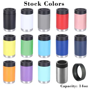 Multi-color stock selection of 14oz stainless steel insulated can coolers for beer and soda