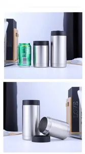 Multiple sizes of insulated stainless steel can coolers displayed in an office setting