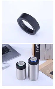 Detailed view of insulated stainless steel can cooler with black silicone lid ring