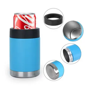 Blue 12oz stainless steel can cooler and insulator shown with detailed interior and base views.