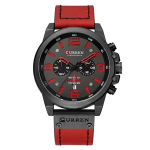 CURREN 8314 men's business quartz watch with red leather strap and black chronograph dial