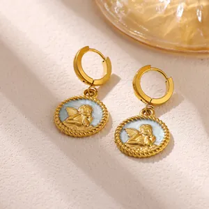 Golden stainless steel hoop earrings featuring blue enamel angel cherub pendants.