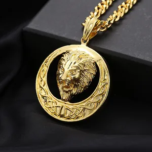 Hip Hop Lion Head Pendant Necklace Vintage Round Medallion Alloy Curb Chain For Men Women Streetwear Jewelry