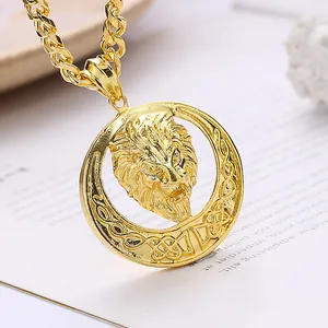 Golden hip-hop round pendant necklace featuring an embossed lion head and Celtic knot design