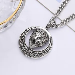 Unisex hip hop lion head circular pendant necklace with Celtic knot patterns in antique silver.