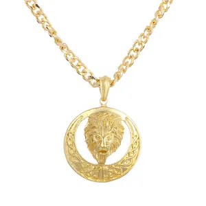 Gold lion head round pendant necklace with Celtic knot patterns, hip-hop jewelry for men
