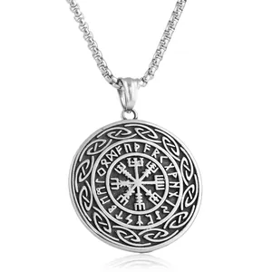 Pendentif boussole viking Vegvisir en acier inoxydable avec runes Futhark pour hommes