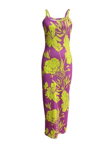 Slim fit floral strap maxi dress featuring vibrant magenta background and lime green flowers