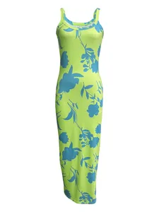 Detail view of a lime green and blue floral print sleeveless maxi dress