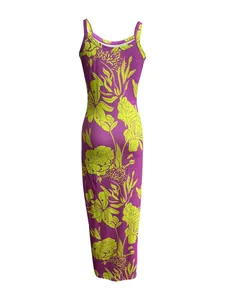 Detailed back view of a purple and lime green floral print bodycon maxi dress with straps