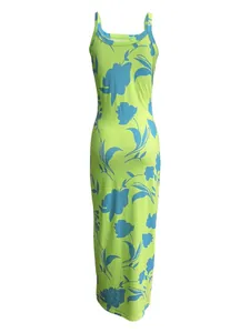 Lime green floral print maxi dress with blue flowers, scoop neck sleeveless design.
