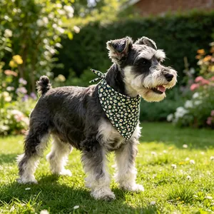 Primer plano de un perro con una elegante bandana triangular de algodón con margaritas