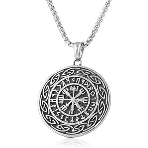 Collier avec pendentif Viking Vegvisir en acier inoxydable et runes pour hommes de style punk