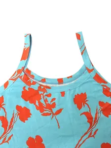 Detail of neckline on light blue dress with vibrant orange floral print pattern