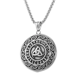 Collier avec pendentif Viking Valknut en acier inoxydable avec gravure de runes anciennes
