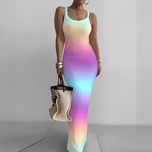 Elegant 2024 summer gradient rainbow bodycon maxi dress with sleeveless tank straps