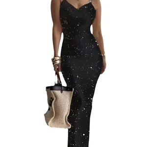 Elegant black bodycon maxi dress with star pattern and thin straps for summer.