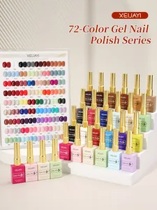 Detailed view of 72-color gel nail polish set with vibrant macaron shades and color chart.