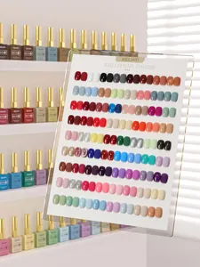 Professional nail gel swatch board featuring trendy macaron and glitter colors 2025.