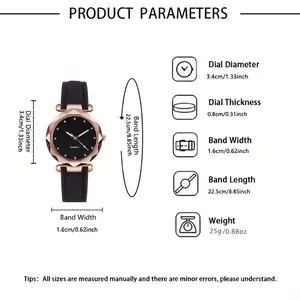 Women's starry sky dial watch with black leather strap and product size parameters.