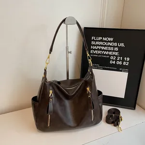 Vintage Large Capacity Synthetic Leather Tote Bag Minimalist Shoulder Crossbody Handbag For Women Casual Daily Fashion Bag