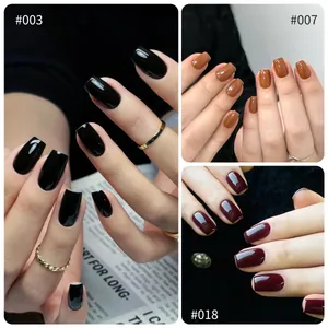Professional high-gloss nail gel polish in deep cherry red, caramel, and black