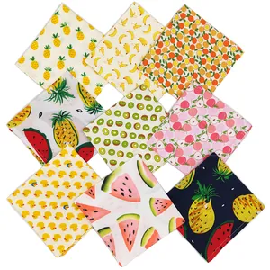 Gedetailleerde close-up van kleurrijke katoenen huisdierbandana's met fruit- en eendenpatroon