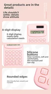 Dettaglio dei tasti in silicone e dello schermo a 8 cifre di una calcolatrice rosa