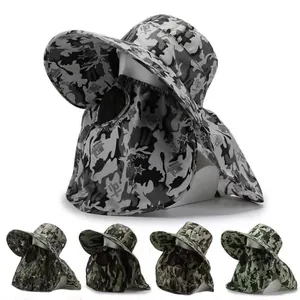 Chapeau de Pêche de Protection Solaire Extérieur pour Hommes Avec Rabat de Cou Masque de Visage Large Bord Camouflage