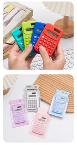Detailed macro view of mini handheld calculators in various macaron colors with packaging
