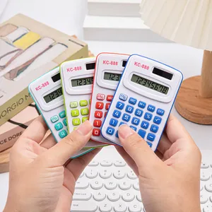 Set of colorful macaron mini pocket calculators held by hand for office and school use.