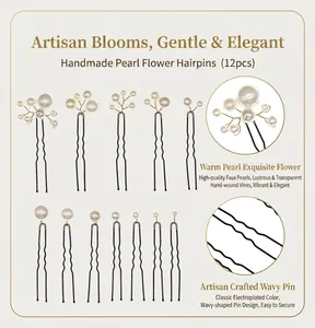 Detailed view of 12pcs pearl flower hairpin set with wavy U-shape pins for styling