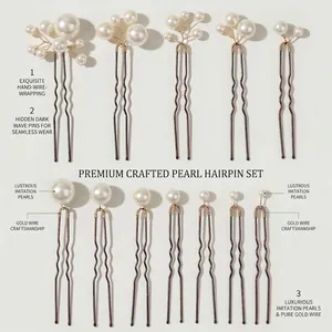 Detailed macro view of the premium pearl hairpin set with intricate gold wire craftsmanship.