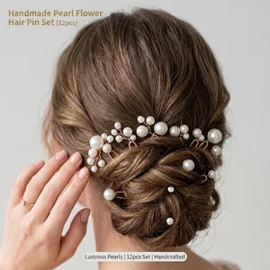 Elegant handmade 12pcs pearl flower U-shaped hairpin set for bridal bun hairstyling