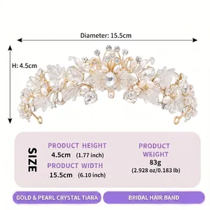 Detailed size specifications for the gold and pearl crystal bridal hair band tiara