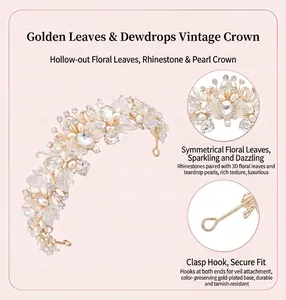 Detailed view of elegant bridal tiara with gold leaves, pearls, and sparkling crystals