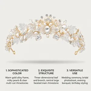 Close-up detail of luxury flower leaf bridal tiara with pearls and faceted rhinestones