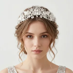 Elegant silver bridal crown with floral leaf pearl and rhinestone wedding headpiece