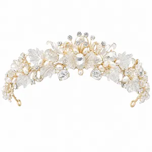 Elegant bridal tiara with gold flower leaves, pearls and crystals for weddings