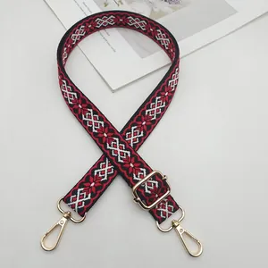 Macro view of adjustable ethnic embroidered purse strap with gold-tone metal hardware
