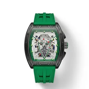 Detailed macro view of a tonneau-shaped skeleton watch with a green rubber strap