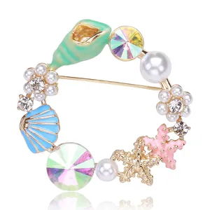 Ozean Thema Kranz Brosche Legierung Emaille Tropfen Seestern Muschel Schnecke Brosche Mit Strass Künstliche Perle Accessoire Für Damen