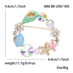 Bunte Emaille Seestern und Muschel Brosche mit Perlen und Kristallen, 4,4 cm groß
