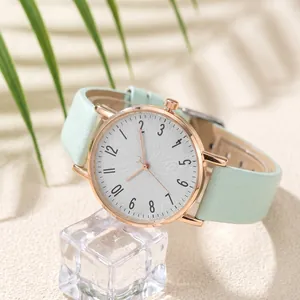 Close-up of women's quartz watch with mint green lychee pattern leather strap and rose gold case